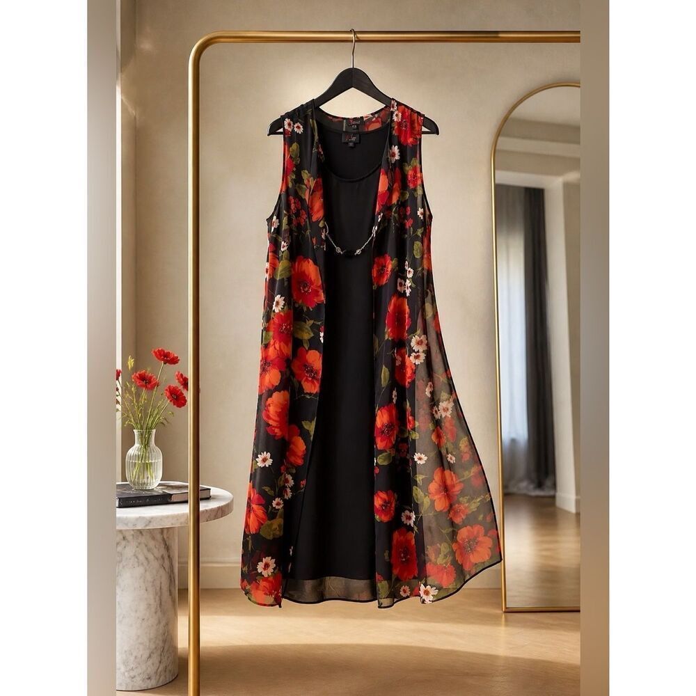 BLACK SLEEVELESS DRESS WIRH BLACK CHIFFON FLOWER PRNT SLEEVELESS DUSTER 1X
